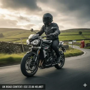 A motorcyclist riding a naked bike through the British countryside wearing a modern ECE 22.06 compliant lid.