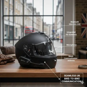 Alt text for image 8: A side profile of a flip-front motorcycle helmet featuring an integrated Bluetooth intercom system for seamless bike-to-bike communication on UK roads.