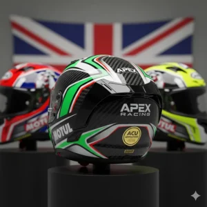 Professional racing helmets in the style of British Superbikes (BSB) with ACU gold certification.