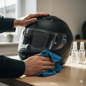 A rider using a blue microfibre cloth to carefully clean a motorcycle helmet visor on a wooden table with cleaning sprays in the background.