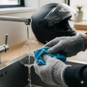 A person cleaning a Pinlock visor insert under a tap using lukewarm water and a soft microfibre cloth to maintain clarity.