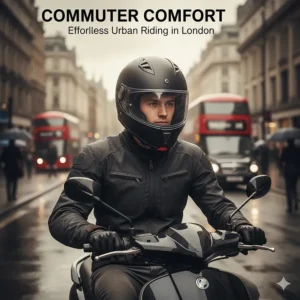 A motorcyclist riding through a rainy London street wearing a comfortable full-face helmet suited for urban commuting.