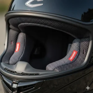 Close-up photorealistic view of plush moisture-wicking interior padding and emergency release cheek pads inside a premium crash helmet.