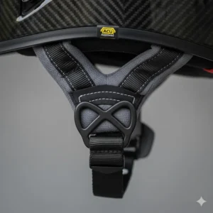 Detailed view of a Double-D ring chin strap, common on ACU approved motorcycle helmets.