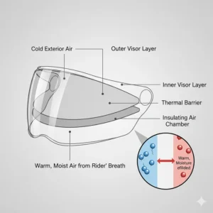 Cross-section illustration of a dual-pane visor system creating an insulating air chamber to prevent helmet fogging in cold weather.