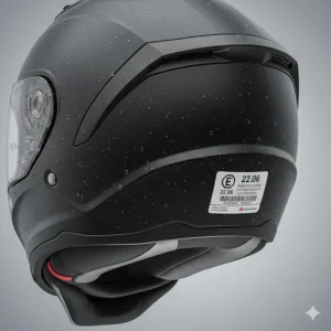 Rear view of a motorcycle helmet displaying the ECE 22.06 safety certification label required for British road legal use.