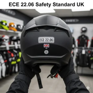 A close-up of the rear of a motorcycle helmet displaying the ECE 22.06 safety certification sticker and a small UK flag.