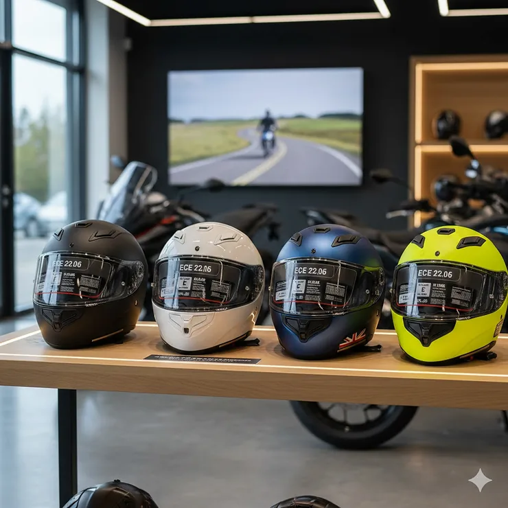 A selection of ECE 22.06 approved motorcycle helmets on a showroom shelf in a UK bike shop. ECE 22.06 helmets