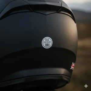 A rear view of a Pinlock ready helmet showing the ECE 22.06 safety rating sticker required for UK road use.