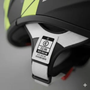 The ECE 22.06 safety certification label on the strap of a high visibility motorcycle helmet.