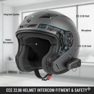 Illustration showing how official accessories like intercoms are integrated into ECE 22.06 safety shells.