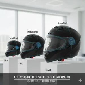 Comparison of different outer shell sizes used in ECE 22.06 helmets to ensure a safer fit for UK riders.