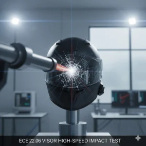 A motorcycle helmet visor being tested against high-velocity steel pellet impact under ECE 22.06 regulations.