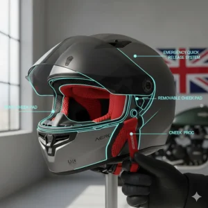 Safety-focused illustration of moisture-wicking cheek pads with an emergency quick-release system.