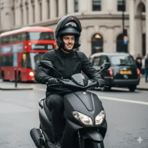 Alt text for image 3: A smiling motorcyclist riding a scooter through central London with a P/J approved modular helmet locked in the open-face position.