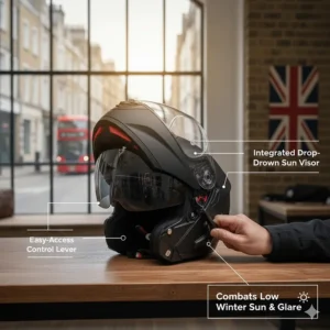 Alt text for image 9: A rider using the side control lever to deploy the internal drop-down sun visor to block out the glare from a low-level British winter sun.
