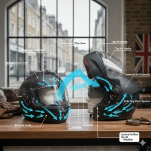 Alt text for image 6: A technical diagram showing the internal airflow and ventilation channels of a flip-front helmet designed to prevent visor misting in cold UK weather.