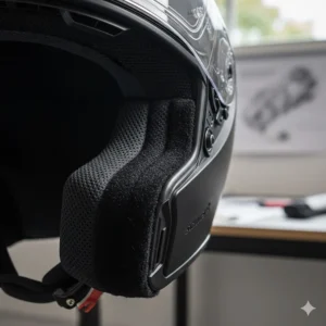 Close-up of a thick, padded neck roll on a Schuberth helmet designed to reduce wind turbulence for a quieter ride.