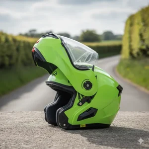 A bright neon green modular flip-front motorcycle helmet in the open position.