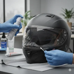 A person wearing protective gloves applying silicone protectant to the rubber visor seals of a motorcycle helmet using a cotton bud.