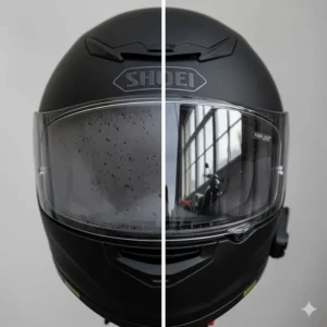 A rider's hands carefully installing a Pinlock anti-fog lens onto a motorbike visor by securing it between the eccentric pins.