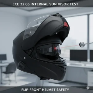 An internal drop-down sun visor being retracted during a safety test for an ECE 22.06 flip-front helmet.