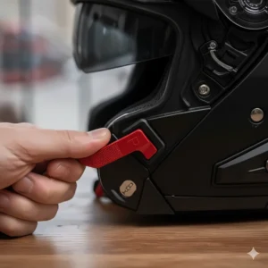Alt text for image 5: A close-up of a rider's hand engaging the red locking mechanism on the side of a modular helmet to secure the chin bar for open-face riding.