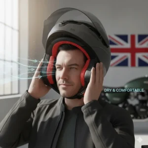 A British motorcyclist removing their helmet after a commute, showing a dry forehead thanks to moisture-wicking technology.