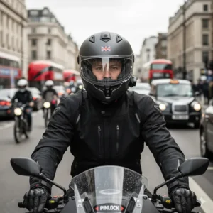A commuter motorcycle helmet with a Pinlock ready visor, ideal for maintaining visibility in London traffic.