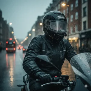 A motorbike rider commuting through a rainy city street in the UK, maintaining clear vision thanks to a Pinlock anti-fog visor.
