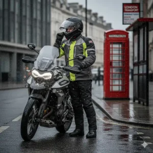 A British motorcycle commuter standing with their bike on a rainy London street next to a red telephone box, wearing full wet weather kit.