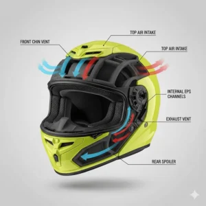 Technical diagram showing top and chin vents on a high visibility motorbike helmet for cooling.