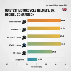 A comparison chart showing decibel levels of top-rated quietest motorcycle helmets sold in the UK.