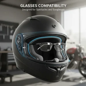 A cutaway view of a motorcycle helmet showing internal channels specifically designed to accommodate spectacles and sunglasses comfortably.