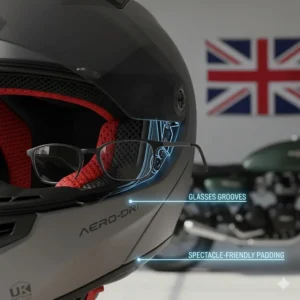 Internal view of a helmet liner with moisture-wicking padding and specific grooves for spectacles or sunglasses.