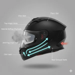 Technical diagram showing chin vents, top intake vents, and internal airflow channels in a matte black anti-fog motorcycle helmet.