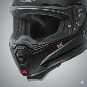 Close-up of a matte black waterproof motorcycle helmet featuring a reinforced neck roll and chin curtain to prevent rain from entering.