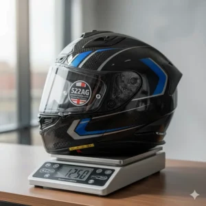 A lightweight motorcycle helmet being weighed on a digital scale to show an accurate gram count for weight-conscious UK riders.