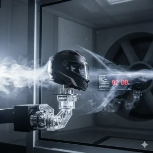 A motorbike helmet undergoing aerodynamic testing in a wind tunnel to measure decibel levels and wind noise.