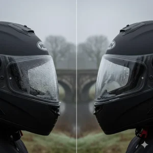 Side-by-side comparison of a fogged motorcycle visor versus a clear anti-fog visor in a damp, grey UK outdoor setting.