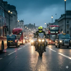 A commuter wearing a hi-viz helmet while filtering through London traffic for increased safety.