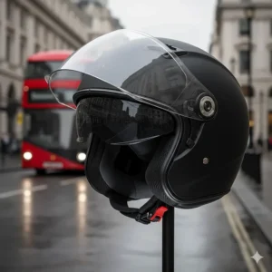 A classic open-face jet helmet with a retractable sun visor, ideal for urban commuting in London or UK cities.