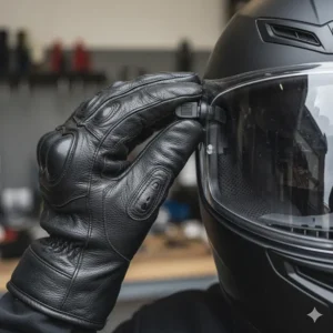 A rider’s hand in thick leather motorbike gloves easily operating the sun visor toggle on the side of a crash helmet.