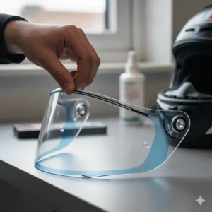 A close-up photorealistic shot of a rider's hand installing a Pinlock anti-fog insert onto a motorcycle helmet visor.