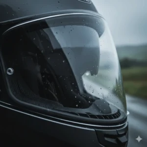 Illustration showing a Pinlock anti-fog insert paired with a drop-down sun visor for riding in damp UK weather conditions.