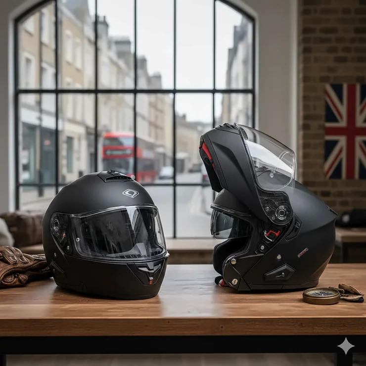 Alt text for image 1: A premium P/J approved flip front helmet displayed in both the closed full-face position and the open jet configuration against a London street backdrop. P/J approved flip front helmets
