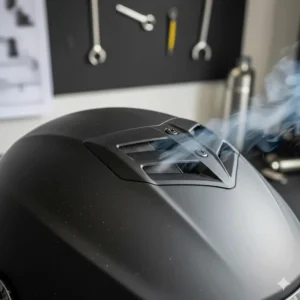 Close-up of streamlined top vents designed to provide airflow without increasing cabin noise for the rider.