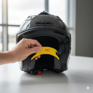 The interior of a lightweight helmet showing the removable, moisture-wicking comfort liner and emergency-release cheek pads.