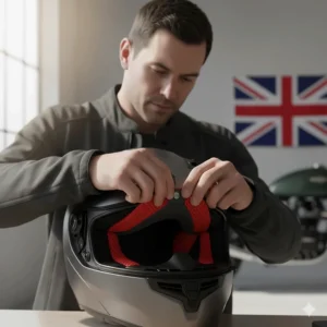 A rider removing a washable, moisture-wicking interior lining from a helmet for easy maintenance.