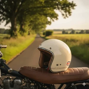 A classic-style lightweight open-face motorcycle helmet on a cafe racer, ideal for summer riding through the British countryside.